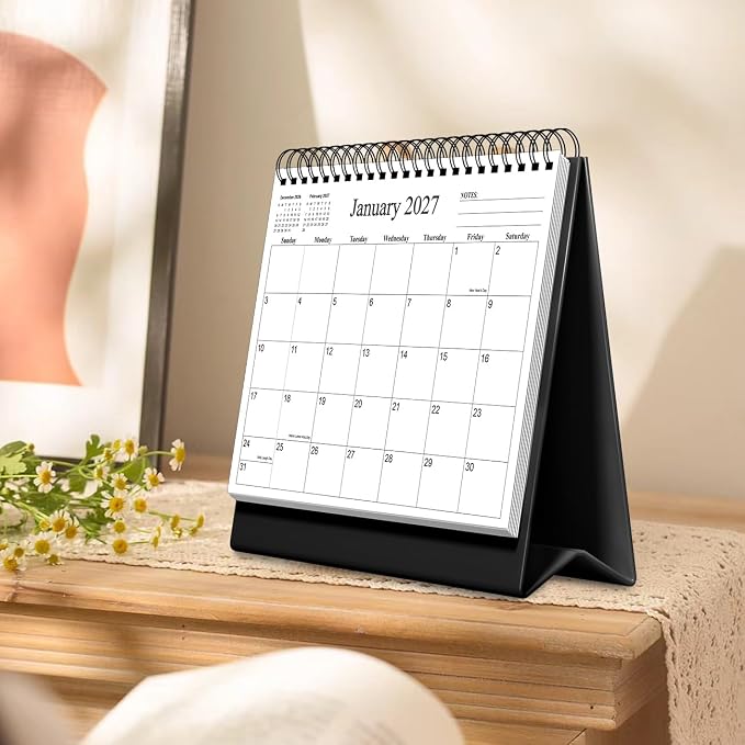 Desk Calendar 2026-2027 - Runs July 2026 until December 2027 - Beautiful Small Flip Desktop Calendar for Easy Organizing, 6" x 8", Black
