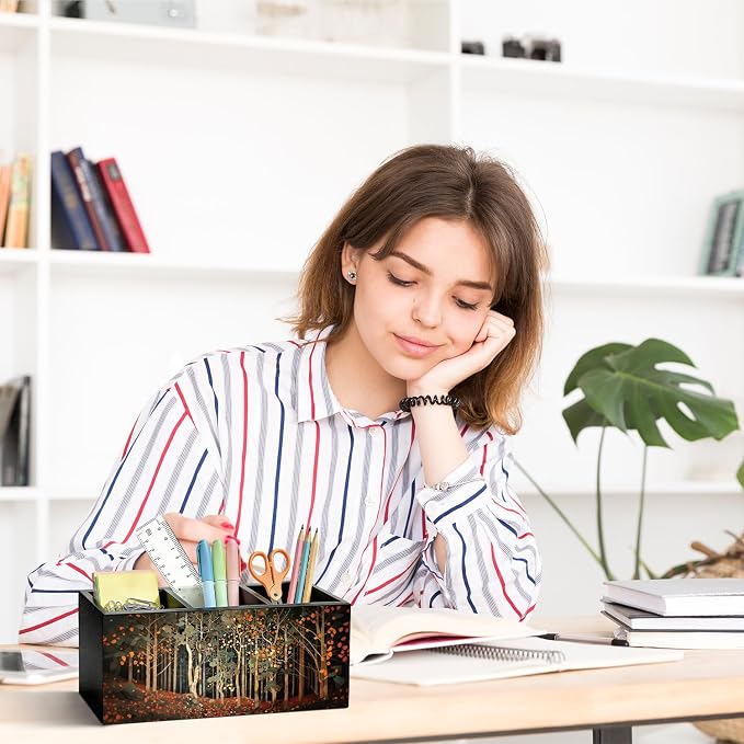 Vintage Forest Landscape Pen Pencil Holder for Desk, Dark Cottagecore Inspired Forest Wooden Box Sign Organizer for Home Office Bedroom Desk Accessories Tabletop Decorations
