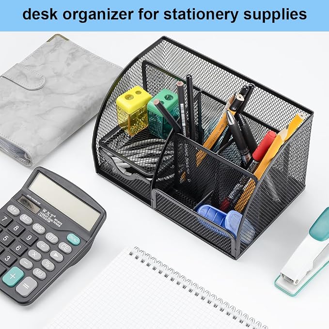Desk Organizer Stationery Storage, Pencil Holder for Desk, Wire Mesh Office Supplies Journals Notebooks Organizers with 7 Compartments and Mini Drawer (Black)