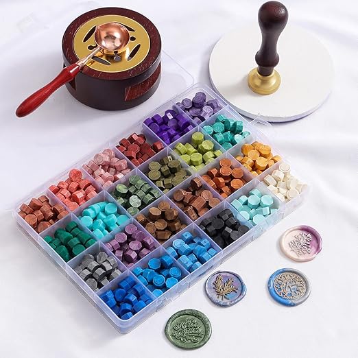 Wax Seal Kit - 624Pc Stamp Kit with 24 Colors, Wax Seal Spoon, Tea Candles, Warmer, Pen