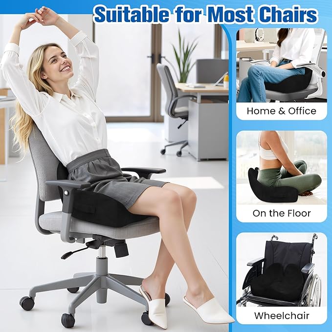 Seat Cushion, Chair Cushions, Memory Foam Office Chair Cushion | Hip & Sciatica & Tailbone Pain Relief, Long Sitting Comfort for Office Chairs/Desk Seats/Wheelchair (Large, Black)