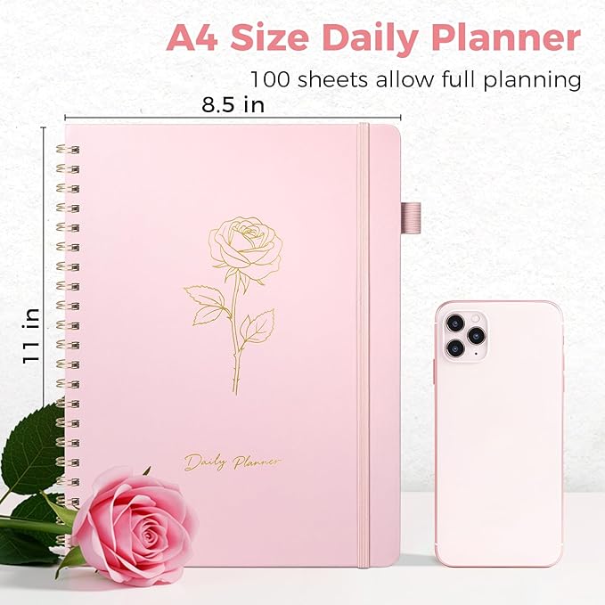 Oucaru Undated Daily Planner, 8.5"x11", A4 Size Spiral Notebook with Hourly Schedule, To Do List, Priorities, and Notes for Productivity - Easily Organize Your Tasks, Appointments & Goals for Women