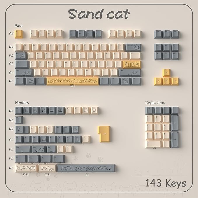 PBT Cute Cat Keycaps, 143 Keys Custom Cherry Profile Keycap, Yellow Dye-Sublimation Keyboard Caps for Cherry MX Switches Mechanical Gaming Keyboard