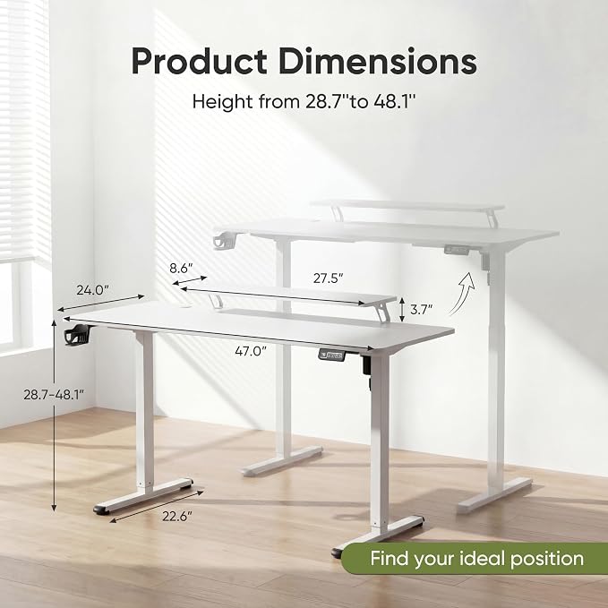 Furmax Electric Standing Desk, 47 x 24 Inches Sit Stand up Desk, Sit Stand Height Adjustable Home Office Desk with Monitor Stand (White, 47)