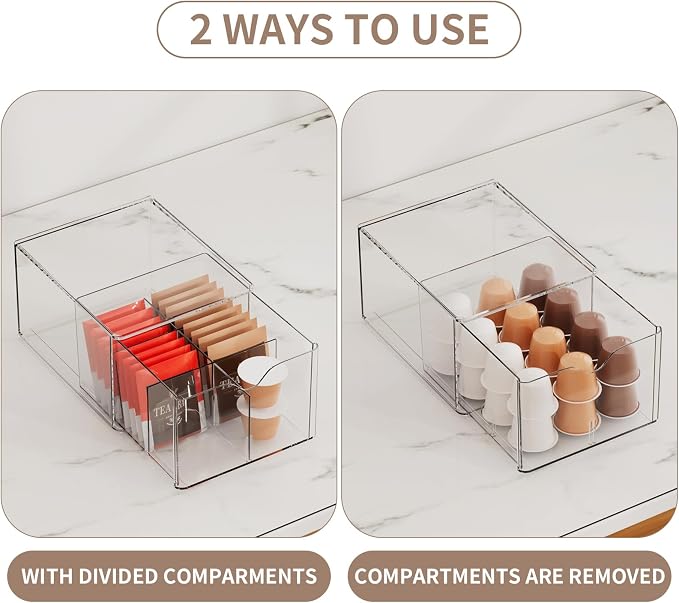 2 Pack Clear Tea Bag Organizers with Adjustable Dividers, Stackable Tea Drawer Organizer Box for Pantry, Coffee Bar, Kitchen Cabinet, Acrylic Food Storage Bins for Snacks, Sugar & Spice Packets