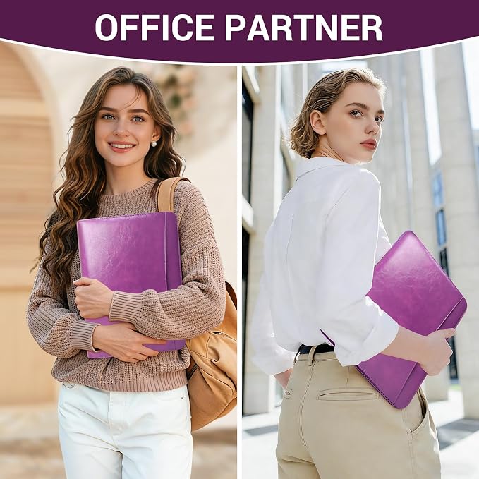 Faux Leather Zippered Padfolio with 3 Ring Binder, Executive Portfolio Organizer Binder for Women, Fits 13.9" Laptop/Tablet, Refillable Writing Pad Pocket, Purple