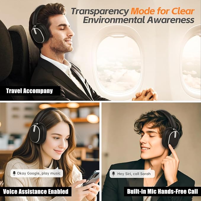 Over Ear Wireless Headphones, Hybrid Active Noise Cancelling 60H Playtime Hi-Res Audio Deep Bass