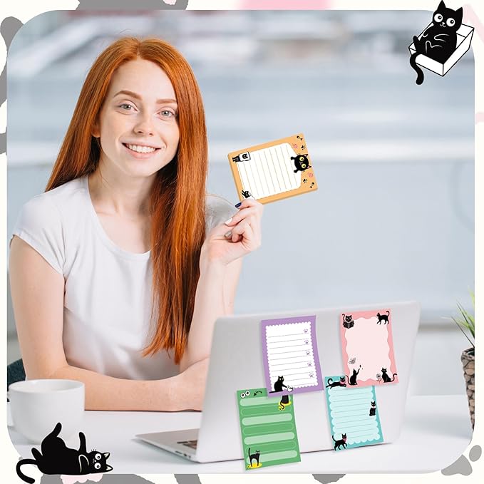 12 Pads Black Cat Sticky Notes 3x4 Inch Cat Notepad Cute Self Stick Notepads Funny Adhesive Memo Pad Office Decor Gifts for Animal Lover Gift Meeting Office Christmas Supplies