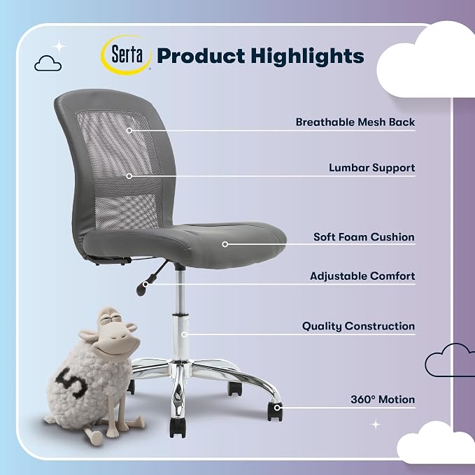 Serta Armless Small Home Desk Chair with Wheels, Ergonomic Mesh Back Chair | Leather & Foam Cushion Seat, Adjustable Height, Small Vanity Chair for Bedroom & Small Spaces, Home Office Desk Chair, Gray