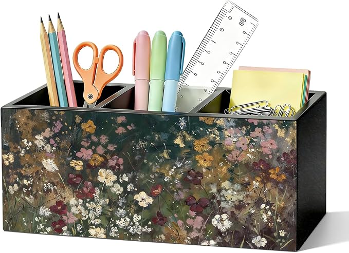Vintage Floral Pen Pencil Holder for Desk, Moody Cottagecore Botanical Flower Wooden Box Sign Organizer for Home Room Office Bedroom Desk Accessories Tabletop Decorations