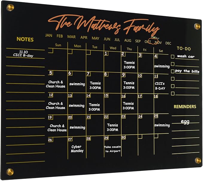Black Acrylic Calendar Dry Erase for Wall, Family Planner, Monthly Calendar Dry Erase Whiteboard for Home, Office, 24" x 16"Reusable White Board（(Acrylic-BK-4060)