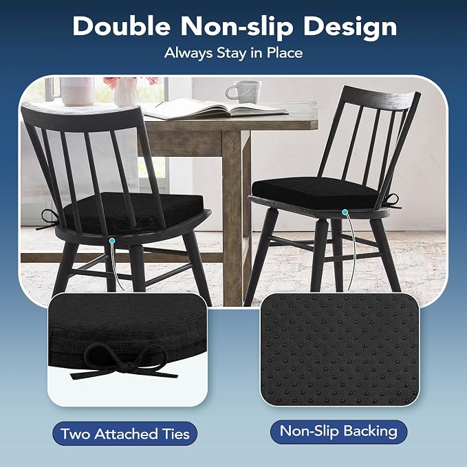 Chair Cushions for Dining Chairs, Non Slip Chair Pads with Ties and Washable Covers, Memory Foam Kitchen Chair Cushions Set of 6, 16"X16"X2.5", Black