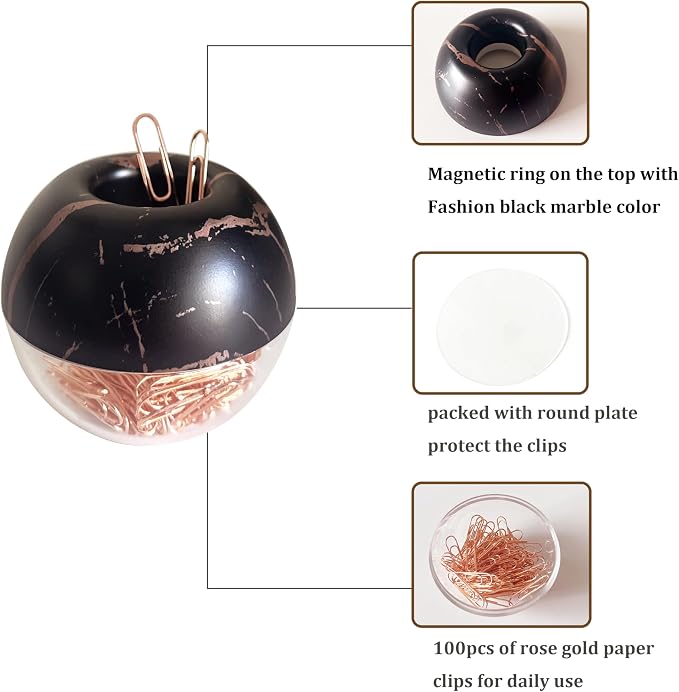 Magnetic Paper Clip Holder, Black Marble Holder with Rose Gold PaperClips 100pcs 28mm(1.1") Cute Office Supplies for Desk Organizer