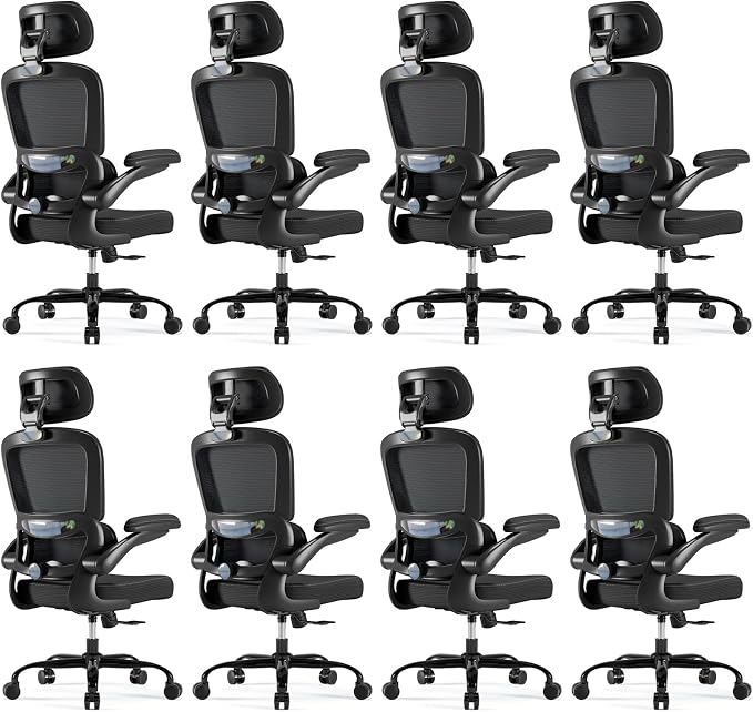 TRALT Ergonomic Office Chair - Desk Chair with Adjustable Headrest Lumbar Support Computer Chair - Mesh Comfy Chair with Flip-up Armrests - Gaming Chair for Adults Home Office PU, Black, Pack of 8