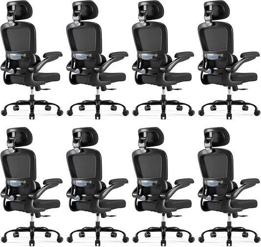 TRALT Ergonomic Office Chair - Desk Chair with Adjustable Headrest Lumbar Support Computer Chair - Mesh Comfy Chair with Flip-up Armrests - Gaming Chair for Adults Home Office PU, Black, Pack of 8