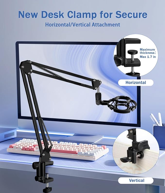 BILIONE Microphone Stand, Mic Boom Arm Stand for Blue Yeti QuadCast S SoloCast Snowball AM8 and other Mics, with Pop Filter Shock Mount Microphone Clip Cable Ties