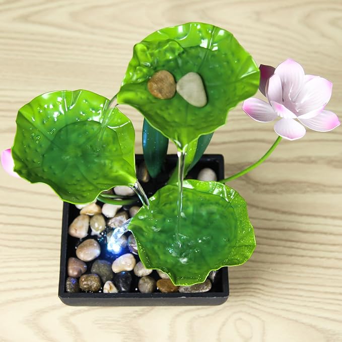 Water Fountain Indoor Waterfall Fountain 3-Tier Tabletop Fountain Lotus Desk Relaxation Home Decor Including Lots of Rocks and Soothing Sound Machine (Green 2)