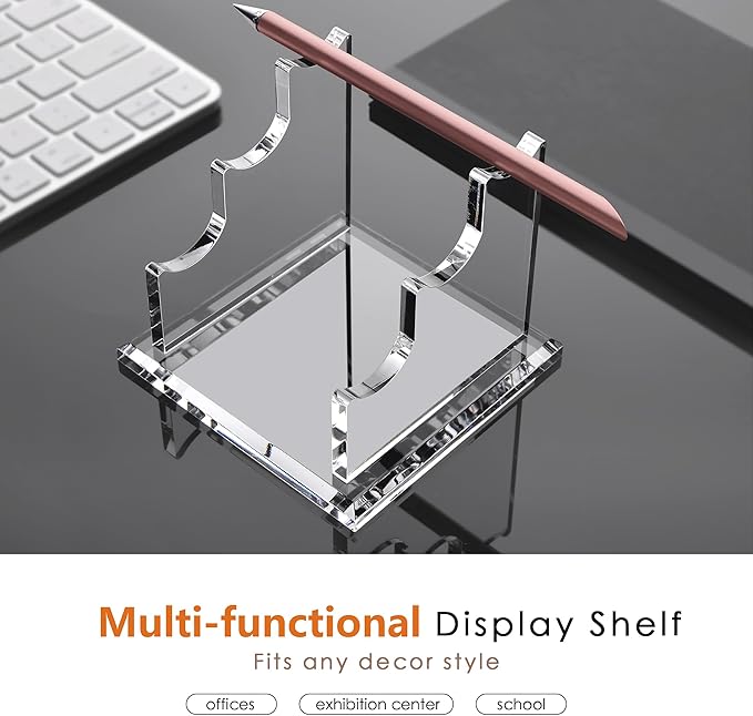 YUXUN Acrylic Pen Holder for Desk - Horizontal Three Pen Display Stand with 8mm Thick Base | Fountain Pen Rest, Apple Pencil Stand, Crystal-Clear Desk Organizer