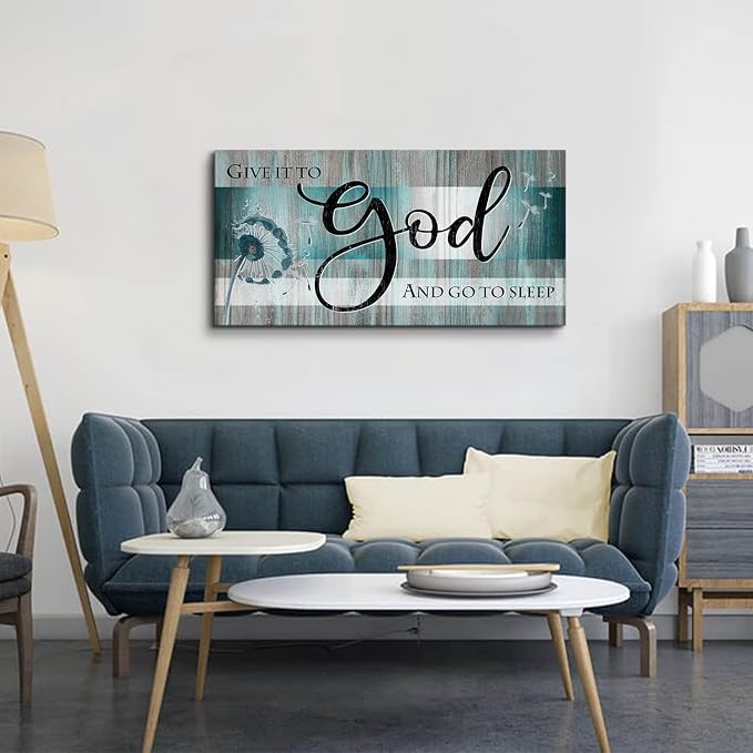 Give It to God and Go to Sleep Sign Bedroom Wall Decor 20x40" Christian Bible Verse Wall Art Above Bed Wall Decor Teal Farmhouse Faith Quote Canvas Painting for Living Room Master Bedroom Decoration