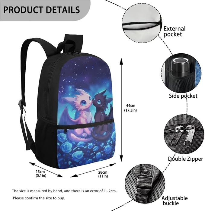 WELLFLYHOM Dragon Elementary School Backpack with Lunch Box for Girls, Blue 17 Inch Rose 4PCS Bookbag Set for Kids, Child Back to School Supplies, Reduce Shoulder Pressure for Daily Use