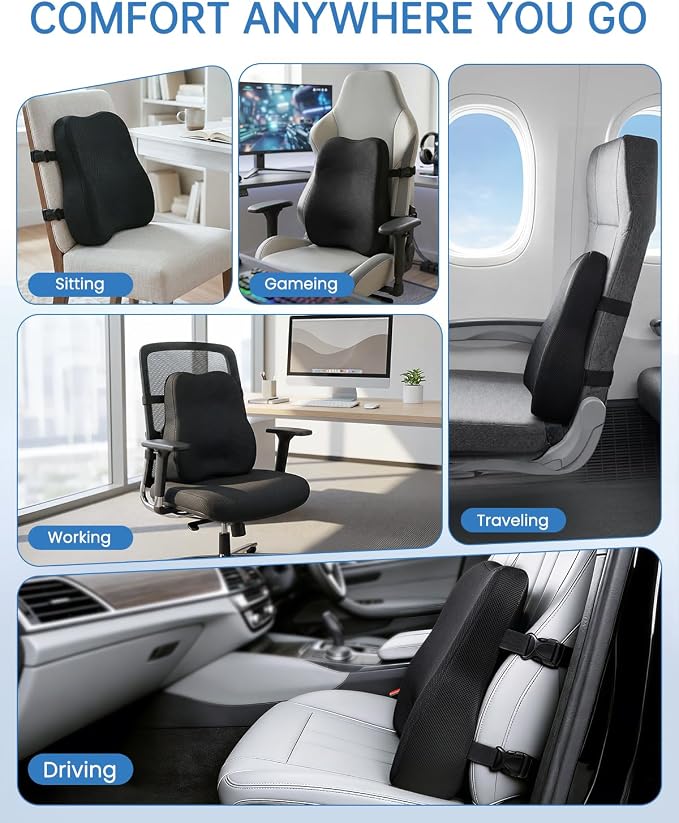 Vekkia Lumbar Support Pillow for Office Chair - Back Support for Car | Lumbar Cushion with Adjustable Straps & Mesh Cover/Lower Back Pain Relief for Office Workers, Drivers, Gamers & Travelers