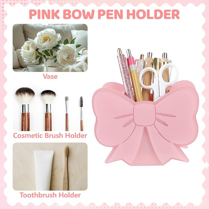 2 Pack Pink Pen Holder for Desk Cute Pink Bow Makeup Brush Holder Coquette Pinks Bow Desk Organizer-Assemble Acrylic Pen Holders Pinks Bow Accessories for School Office Home Desk Supplies