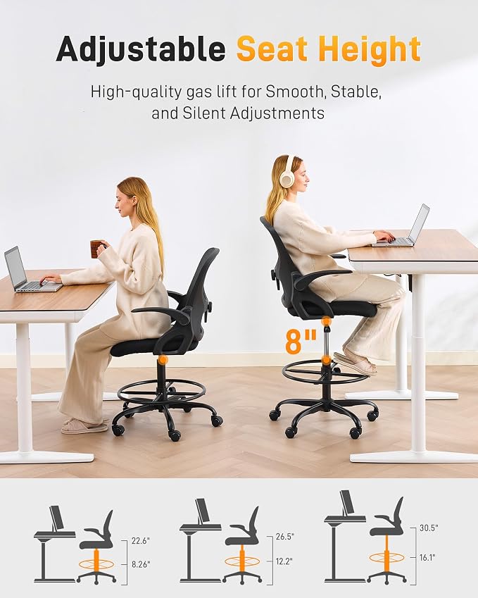 LukkDys Drafting Chair with Arms, Tall Office Chair for Standing Desks | Ergonomic lumbar pad, breathable mesh and foot ring support forward-leaning posture for sewing, crafts and daily studio work.