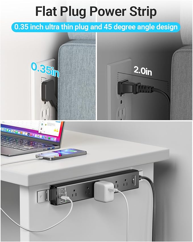 360° Mountable Surge Protector Power Strip with 4 USB Ports (2 USB C), 6 FT Electrical Outlet & Flat Plug Extension Cord for Under Desk, Wall, or Corner Mount
