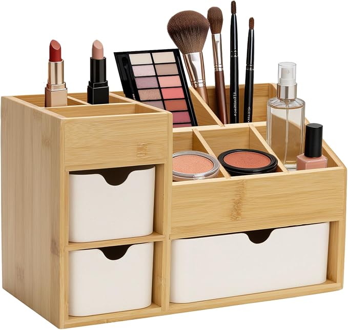 Bamboo Desktop Organizer with 3 Drawers, Drawer Tabletop Storage Organization Box for Home/Office, 3-Tier Makeup Vanity Organizer for Dresser Countertop, Detachable Divider