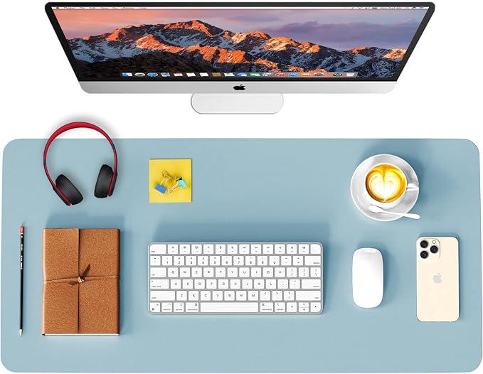 Leather Desk Pad Protector, Waterproof Mouse Pad, PU Desk Mat, Office Desk Cover, Desk Writing Mat for Office/Home/Work/Cubicle (Light Blue) 23.6x13.7 in