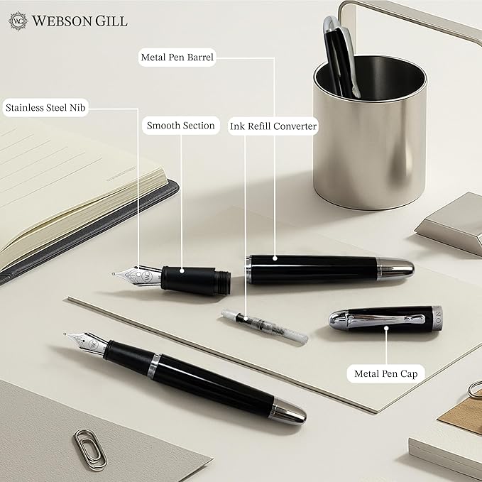 'The Boss' Black Luxury Executive Fountain Pen, Polished Lacquer, Chrome Accents, Stainless Steel Nib, Easy Refill Ink Piston Converter, Smudge Free, No Bleed, Fits Our Instant Insert Ink Cartridges