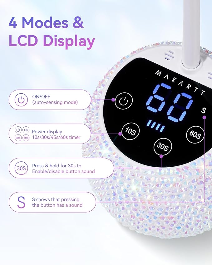 Makartt UV LED Nail Lamp - Gooseneck Flash Cure Lamp 39mW/cm² Rechargeable UV Light for Gel Nails with Auto Sensor 4 Timers Fast Curing Nail Light for Charms Gel-X Tips Rhinestones (Diamond White)