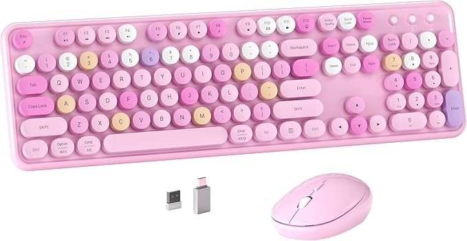 MPTOG Colorful Wireless Computer Keyboard and Mouse Combo with Round Typewriter Keycaps, Retro Design, Power Switch, Ergonomic Design, 2.4GHz Wireless for Windows, Mac, PC(Pink-Colorful)