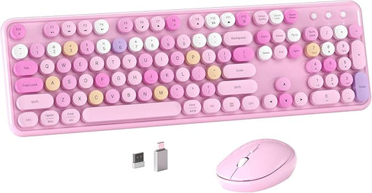MPTOG Colorful Wireless Computer Keyboard and Mouse Combo with Round Typewriter Keycaps, Retro Design, Power Switch, Ergonomic Design, 2.4GHz Wireless for Windows, Mac, PC(Pink-Colorful)