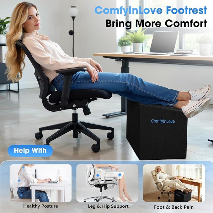 Foot Rest for Under Desk with 3 Heights, Foot Stool, Black | Memory foam adjustable footrest, Ergonomic leg elevation, Non-slip Bottom, Washable Cover, Desk Office Home Car Coach Bed
