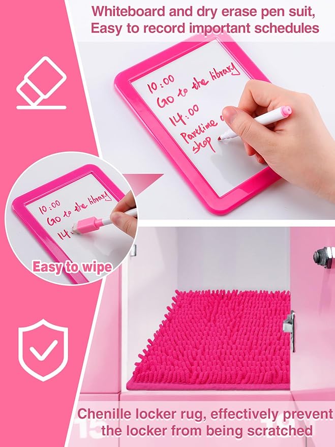 Locker Accessories Kit - 9 Pcs Pink Locker Organizer Stuff for Girls, Back to School Supplies Include Locker Rug Magnetic Whiteboard Mirror Dry Erase Marker Holder and More Decor Essentials
