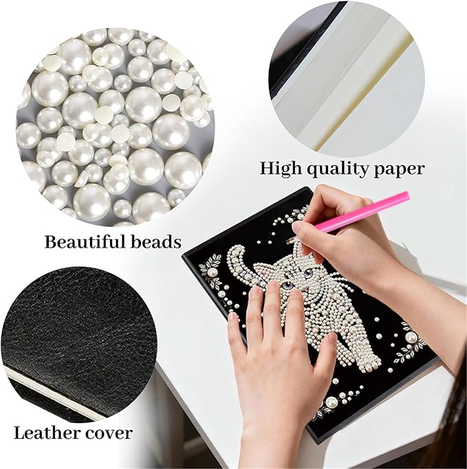FRANDEK Pearl Painting Notebook Kit, Cute Cat A5 DIY Journal with 50 Blank Pages, Diamond Gem Art Cover with Waterproof Canvas, Beginner Craft Set with Full Tools for Adults
