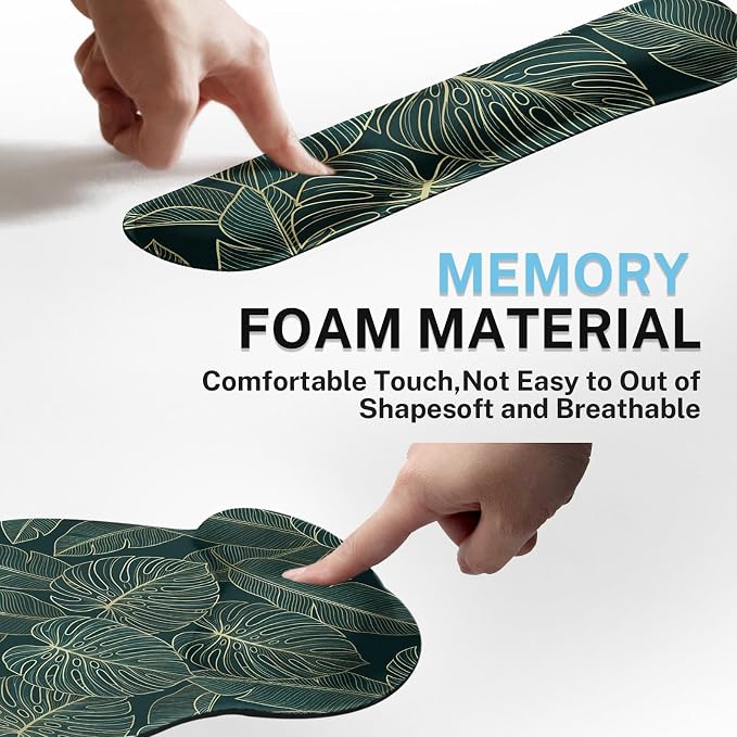 Britimes Ergonomic Mouse Pad Set with Wrist Rest Green Palm Leaves Non-Slip Rubber Base Wrist Cushion Support and Coasters Mousepad with Wrist Support for Computer Keyboard and Desk