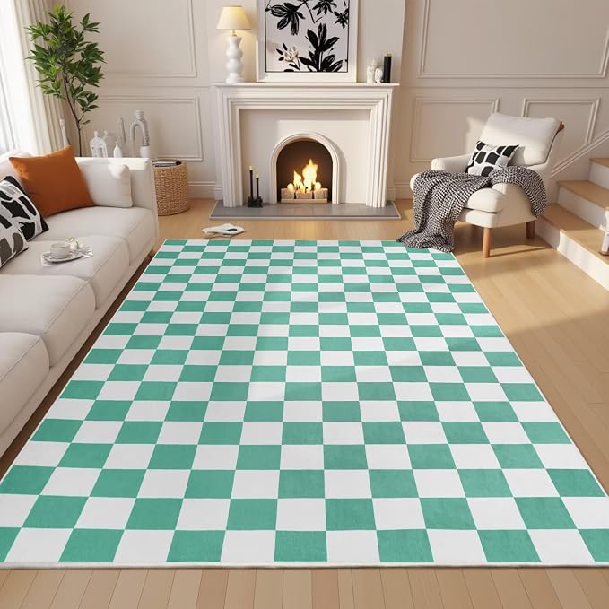 Terrug Green and White Checkered Rug for Bedroom,3x5 Area Rugs Washable with Non Slip for Living Room,Soft Low Pile Stain Resistance Retro Carpet for Dorm Kids Room