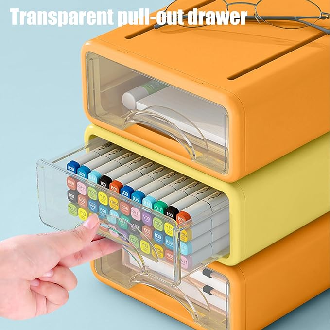 Desk Organizer with Drawers, Stackable Storage Drawers with Compartments Desktop Organization for Office Supplies, Makeup, Pencils, Tape, Erasers, Paperclips, Chargers (2S1M)