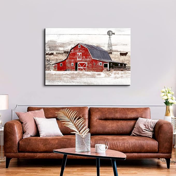 Large Country Barn Wall Art Farmhouse Wall Decor for Kitchen Dining Room Rustic Home Red Barn Windmill Landscape Painting Vintage Highland Cow Animal Poster Artwork Cabin House Decorations 32x48”