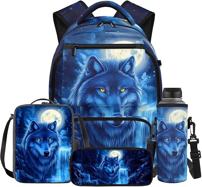 Wolf Backpack with Lunch Bag for Kids 6-8, Boys Cool Mochilas Bookbag Personalized 4 Pcs Set with Lunch Box Pencil Pouch Water Bottle Holder Back-to-School Supplies