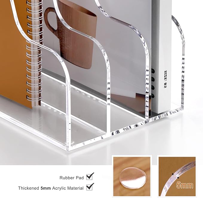 SANRUI Clear Vertical Magazine File Holder, Acrylic Desk Organizer and Storage Bins Holding for Magazines Binders, Notebooks, Envelopes A4 Folder Binder Holders Sorter, 3 Compartments