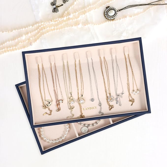 LANDICI Stackable Jewelry Organizer Trays 4 Set,PU Leather Jewelry Organizer Drawer,Jewelry Storage Display Tray for Earring Necklace Rings Bracelet with Removable Dividers,Dark Blue