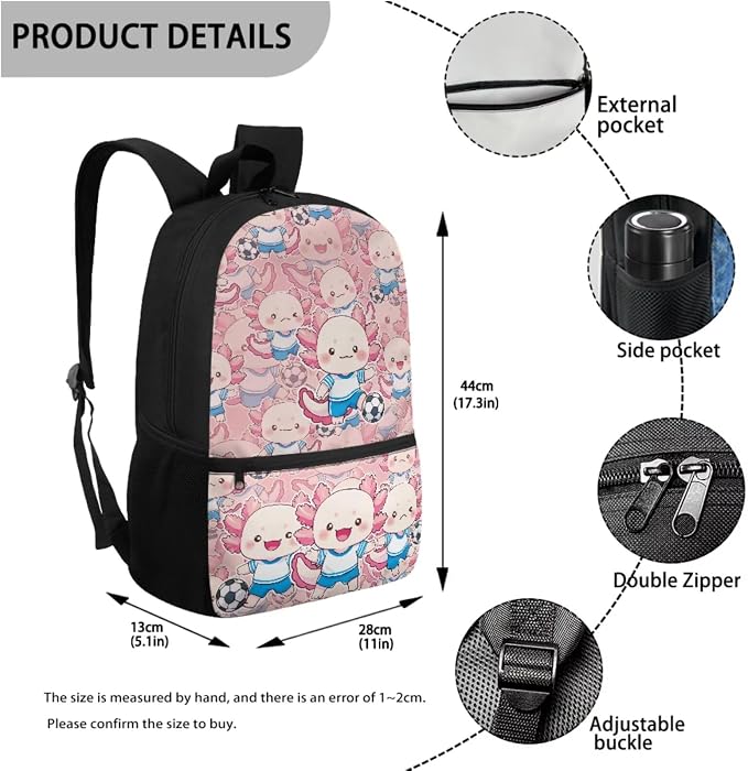 WELLFLYHOM 4Pcs Soccer Axolotl School Backpack for Girls 6-8 Cute Book Bag | Pink Bookbag Kids Schoolbag with Lunchbox Pencil Case Water Bottle Sleeve Girls School Back Pack