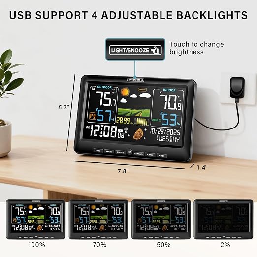 BluSon Weather Station Wireless Indoor Outdoor Thermometer, Atomic Clock | Color Display Digital Temperature Humidity Monitor with Weather Forecast, Adjustable Backlight, Barometer for Home, Black