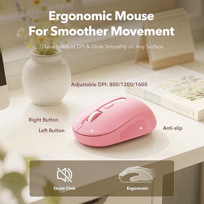 Wireless Keyboard and Mouse Combo, Cute Retro Typewriter Keyboard with Round Keycaps, Full-Size Aesthetic Keyboard with Magnetic Wrist Rest, 2.4GHz USB for Windows/Mac Desktop Laptop(Pink Multi-Color)