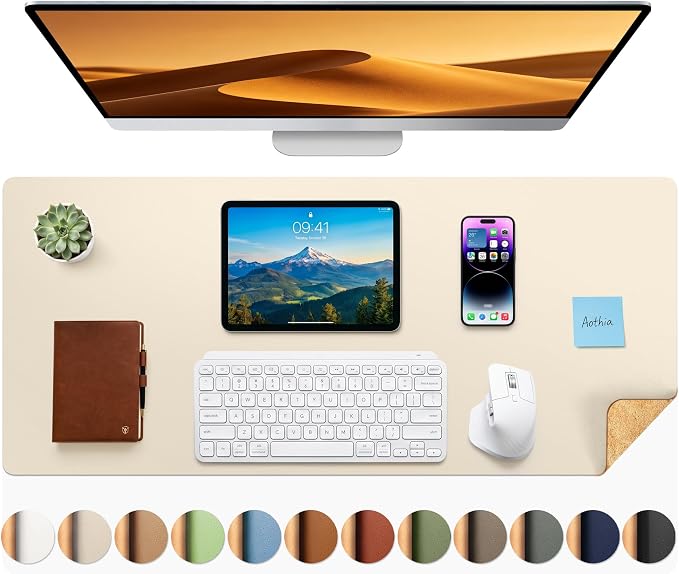 Aothia Dual-Sided Desk Mat - Leather & Cork Desk Protector, Large Mouse Pad & Writing Pad for Office/Home, Waterproof, Beige (35.4" x 15.7")