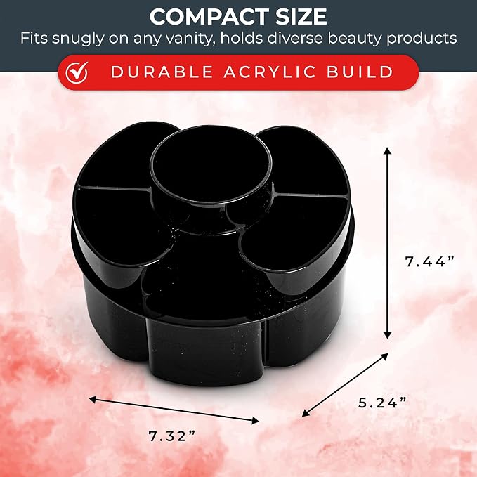 Masirs Small 360 Rotating Makeup Organizer, 5 Compartments, Round Black | Small 360 Rotating Makeup Organizer, 5 Compartments, Acrylic Mini Lazy Susan, Vanity Bathroom Counter, Round Black