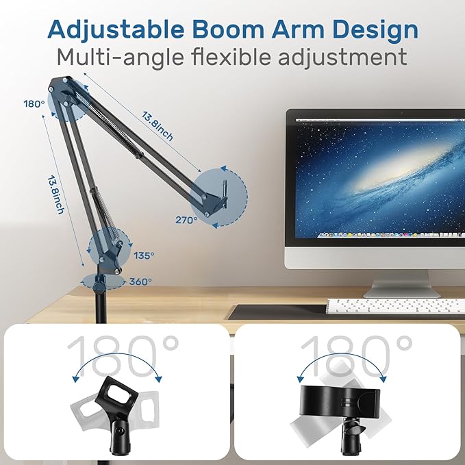 BILIONE Microphone Stand Floor with Tray & Boom Arm, 5.5lbs Weighted Base, Height Adjustable Studio/Podcast Mic Stand w/ 3/8'' to 5/8'' Adapter & 2 Mic Clips Compatible with Blue Yeti QuadCast AT2020